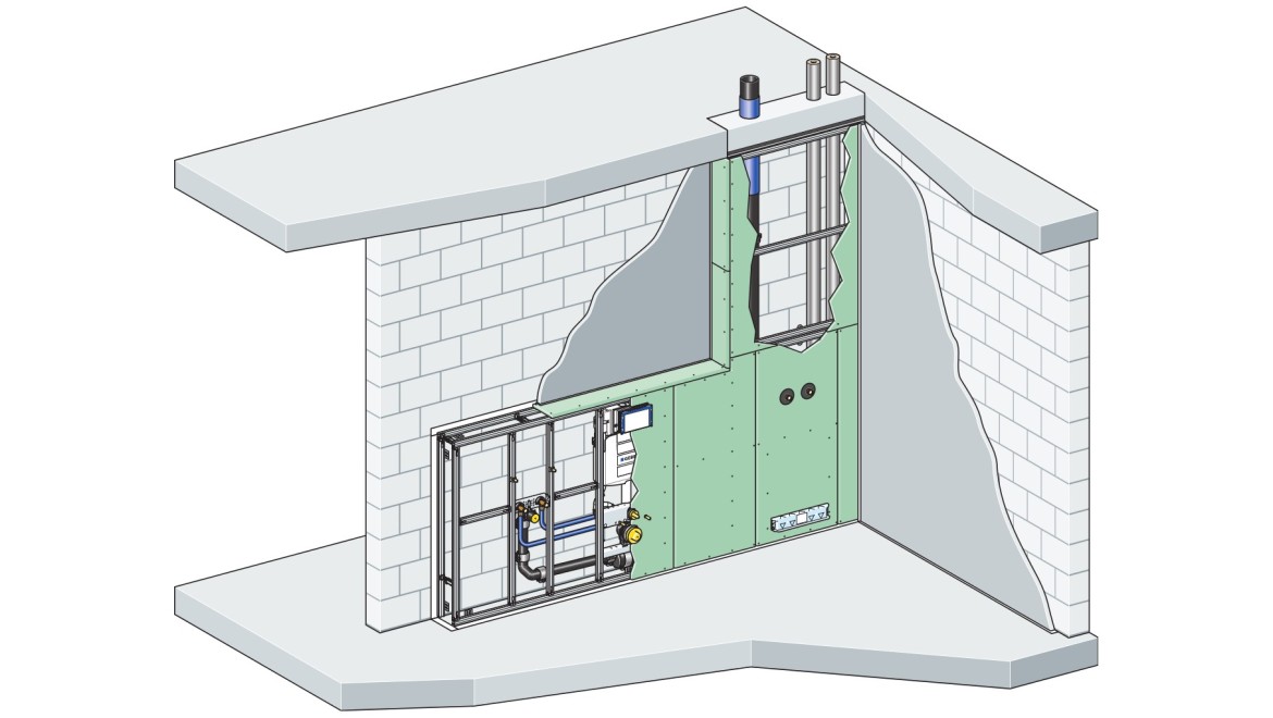 Exemplarischer Aufbau einer Vorwandinstallation mit dem Geberit GIS Installationssystem vor einer massiven Trennwand Exemplarischer Aufbau einer Vorwandinstallation mit dem Geberit GIS Installationssystem vor einer massiven Trennwand