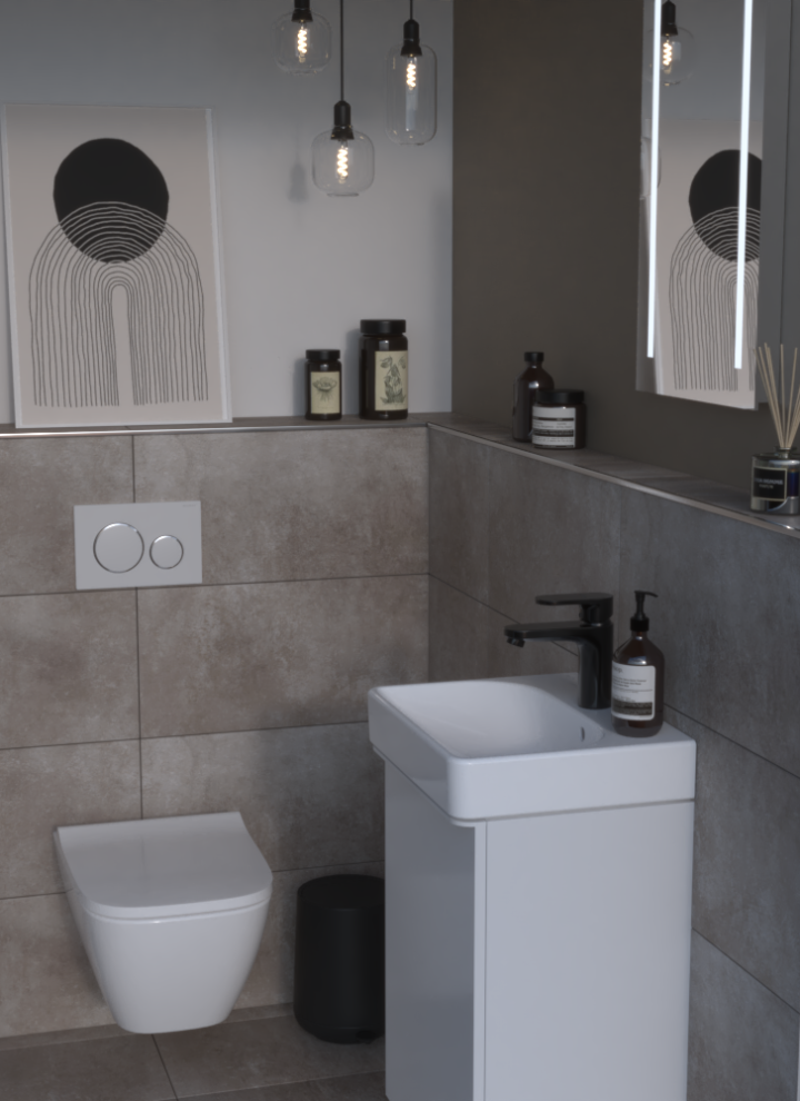 Geberit Smyle Handwaschbecken mit Unterschrank, Option Basic Lichtspiegel und Wand-WC Smyle Square mit Betätigungsplatte Sigma20