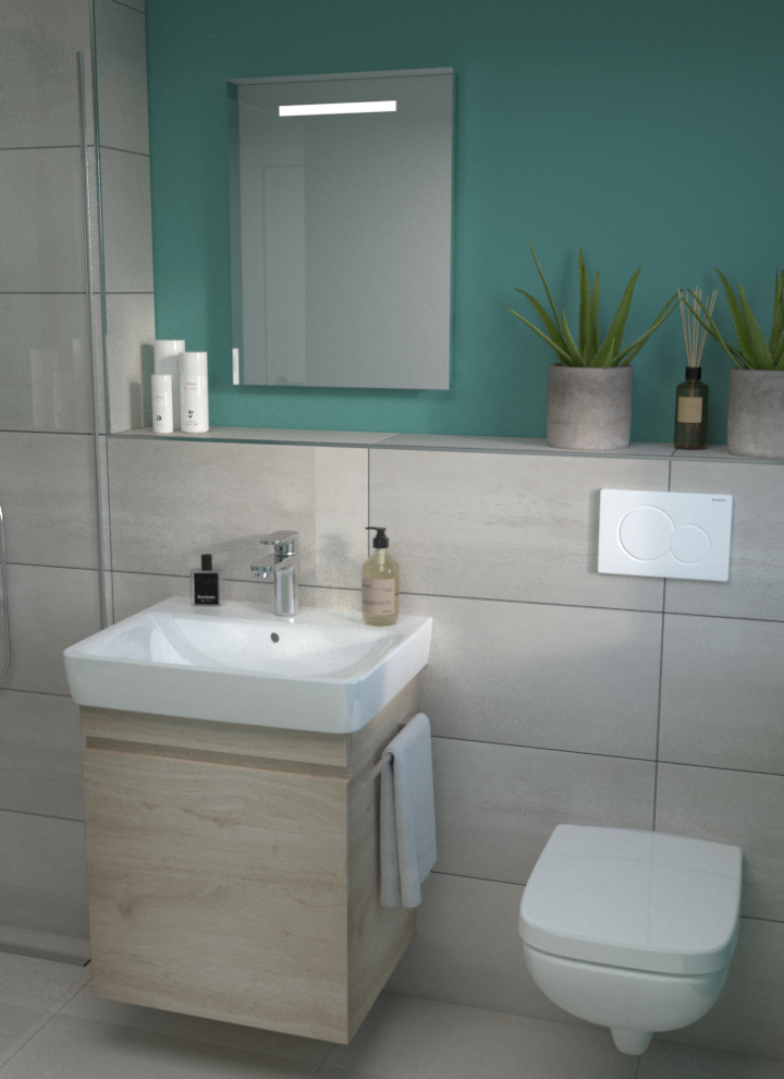 Geberit Renova Plan Waschtisch mit Unterschrank, Wand-WC mit Betätigungsplatte Sigma01 und Duschrinne CleanLine60