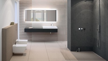 Badserie Geberit Xeno² mit Waschtisch, Wand-WC und Bidet, Duschrinne Geberit CleanLine